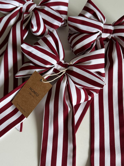 Handmade Burgundy & White Striped Christmas Bow  3pc