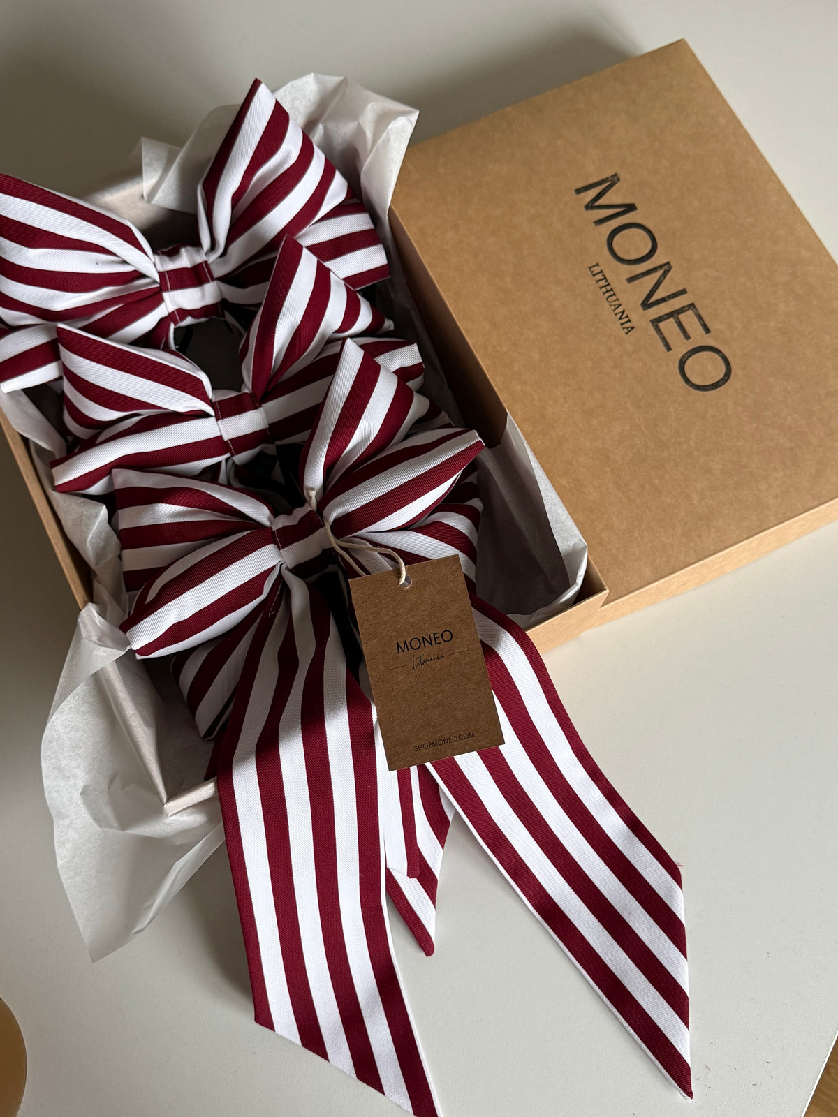 Handmade Burgundy & White Striped Christmas Bow  3pc
