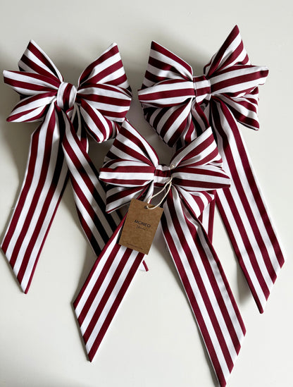 Handmade Burgundy & White Striped Christmas Bow  3pc